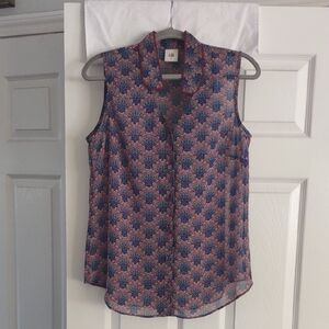 cabi #3620 Fan Blouse Red Blue Sleeveless Sheer Size Med. EUC